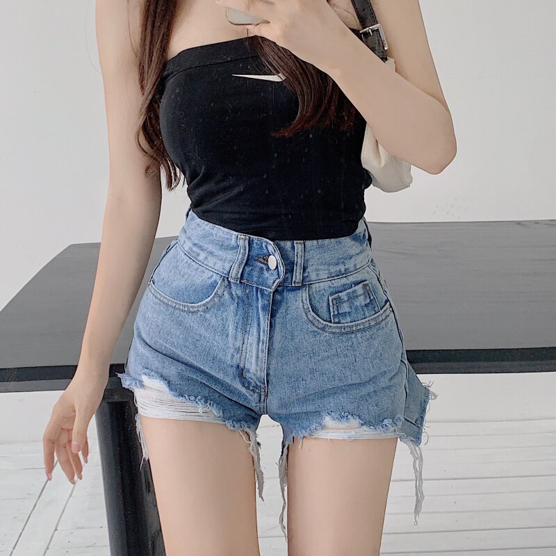Chic Sexy Ripped Jeans Shorts Female Summer Small Tall Waist Thin Pink Hot Pants High Street Straight Short Pants